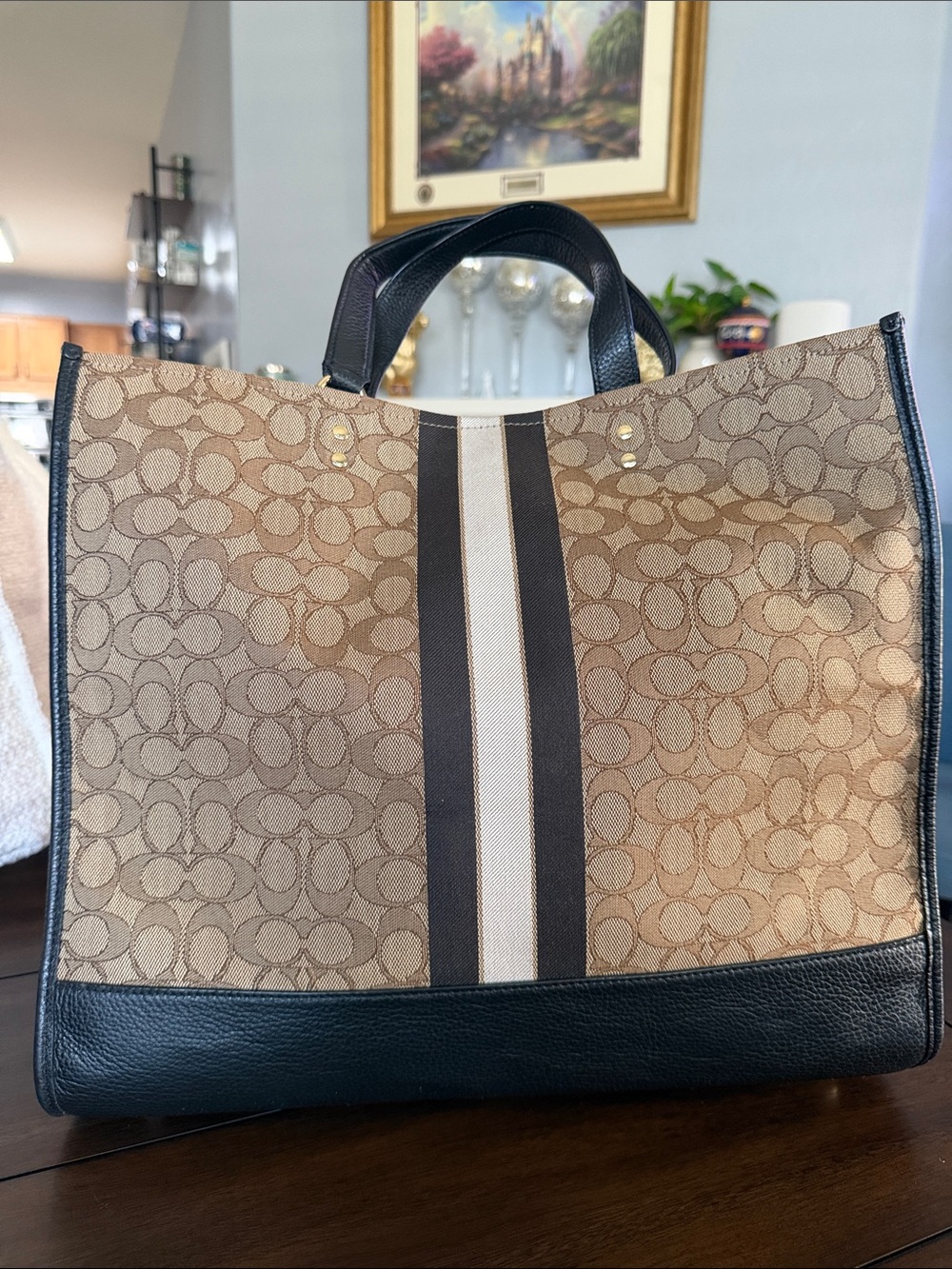 Coach Brown Signature Canvas Tote with Black Trim and Stripe - Picture 2 of 7